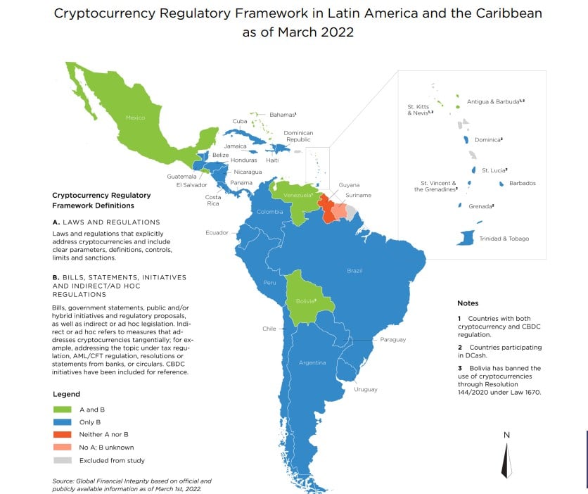 लैटिन अमेरिका में क्रिप्टोक्यूरेंसी विनियमन मानचित्र
