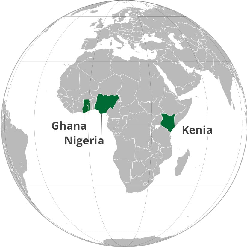 घाना, नाइजीरिया और केन्या के साथ अफ्रीका के मानचित्र पर प्रकाश डाला गया
